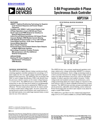 ANALOG DEVICES ADP3164 5-Bit Programmable 4-Phase Synchronous Buck Controller handbook - cover page