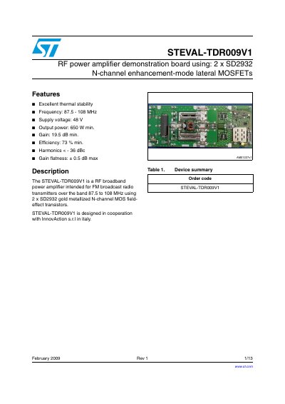 ST STEVAL-TDR009V1 RF power amplifier demonstration board using: 2 x SD2932 N-channel enhancement-mode lateral MOSFETs handbook