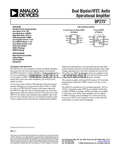 Analog Devices OP275 Operational Amplifier Datasheet - cover page