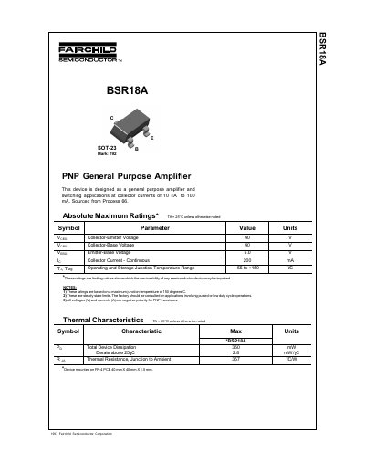 Fairchild BSR18A PNP General Purpose Amplifier Datasheet - cover page