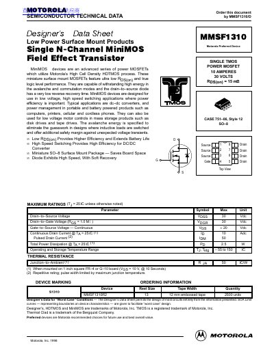 Motorola MMSF1310 Single N-Channel MiniMOS Field Effect Transistor Datasheet - cover page