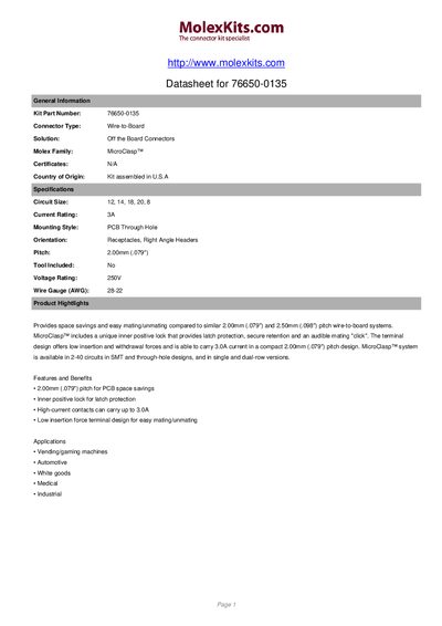 Molex 76650-0135 Datasheet - cover page