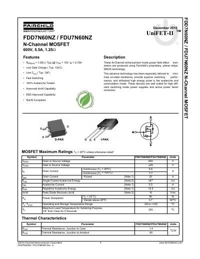 Fairchild FDD7N60NZ/FDU7N60NZ N-Channel MOSFET Datasheet - cover page