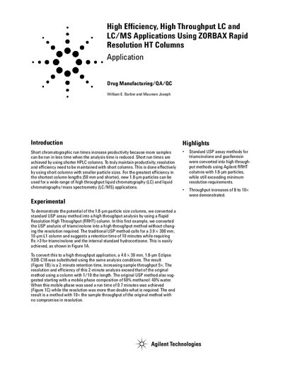 Agilent ZORBAX Rapid Resolution HT Columns Application Note - cover page