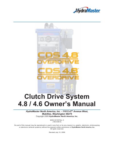 HydraMaster CDS 4.8/4.6 Clutch Drive System Owner's Manual - cover page