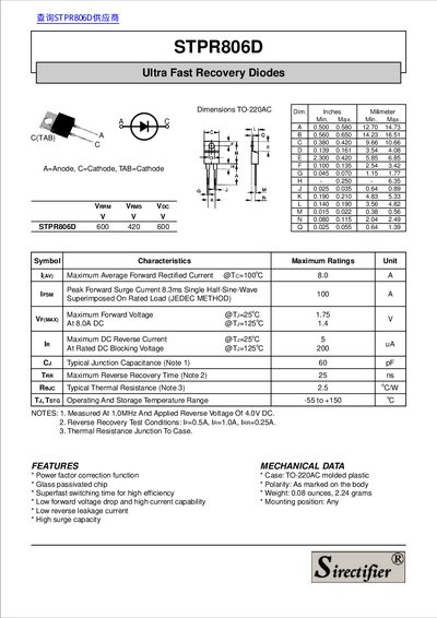 Sirectifier STPR806D Ultra Fast Recovery Diode Datasheet - cover page
