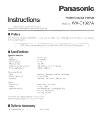 Panasonic WX-C1027A Wireless Headset Product Leaflet - cover page