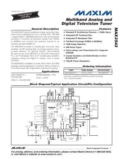 Maxim MAX3543 Multiband Analog and Digital Television Tuner Datasheet - cover page