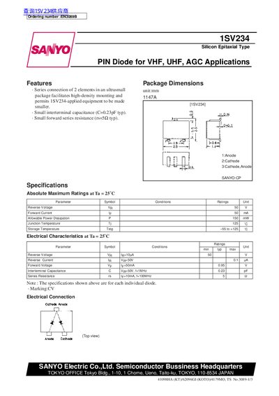 Sanyo 1SV234 Silicon Epitaxial Type PIN Diode Datasheet - cover page