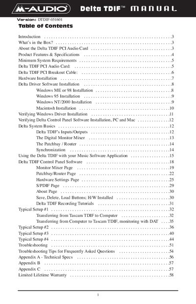 M-Audio Delta TDIF PCI Audio Card User Manual - cover page