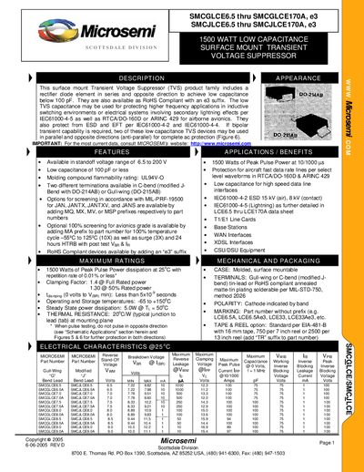 Microsemi SMCGLCE6.5 Series Low Capacitance TVS Datasheet - cover page