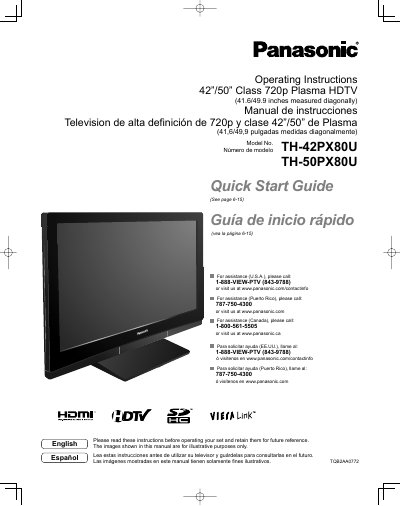Panasonic TH-42PX80U/TH-50PX80U Plasma HDTV Operating Instructions - cover page