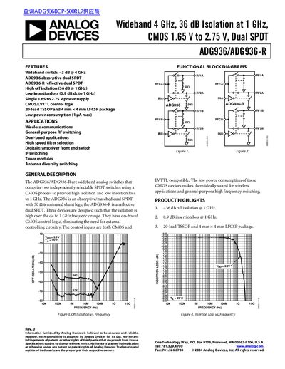 ANALOG DEVICES Wideband 4 GHz 36 dB Isolation at 1 GHz CMOS 1.65 V to 2.75 V Dual SPDT ADG936/ADG936-R Manual