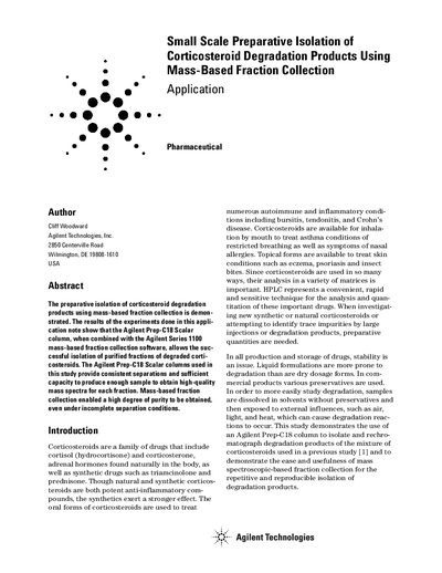 Small Scale Preparative Isolation of Corticosteroid Degradation Products Using Mass-Based Fraction Collection Applicatio - cover page