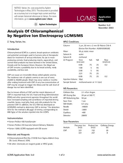 Agilent Application Note 3.r2 Analysis of Chloramphenicol by Negative Ion Electrospray LC/MS/MS - cover page