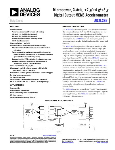 Analog Devices ADXL362 Ultralow Power MEMS Accelerometer Data Sheet - cover page