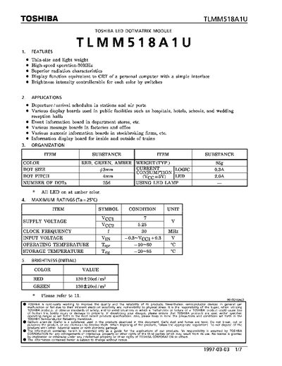 Toshiba TLMM518A1U LED Dotmatrix Module Datasheet - cover page