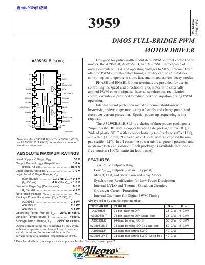 Allegro A3959 DMOS Full-Bridge PWM Motor Driver Datasheet