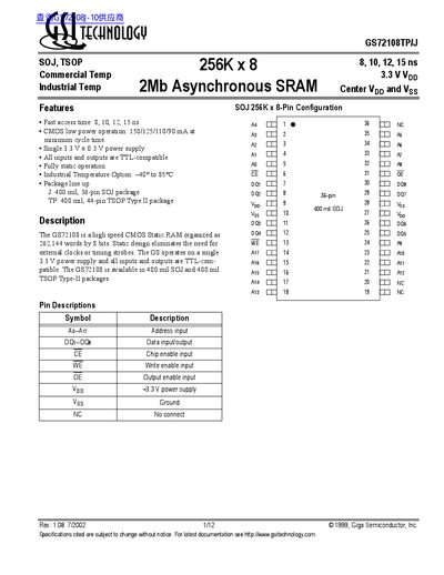 GSI GS72108TP/J 256K x 8 2Mb Asynchronous SRAM 8 10 12 15 ns 3.3 V VDD Center VDD VSS - cover page