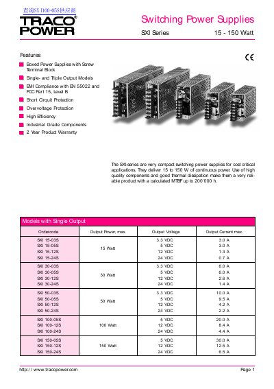 Traco Power SXI Series Product Data Sheet - cover page