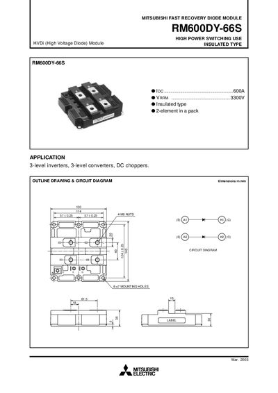 Mitsubishi Electric RM600DY-66S Fast Recovery Diode Module Datasheet - cover page
