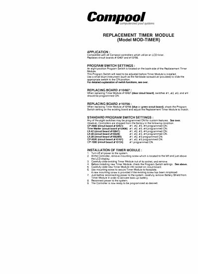 Compool MOD-TIMER Replacement Timer Module Installation Guide - cover page