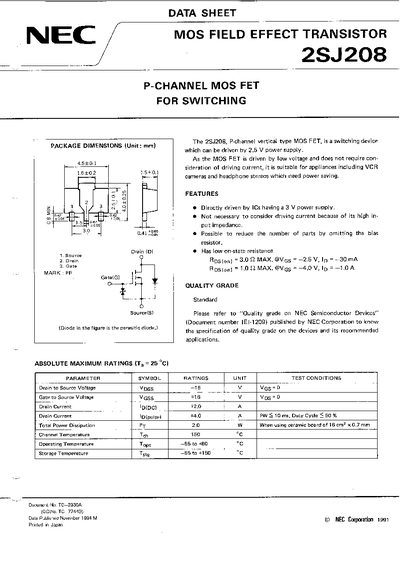 NEC 2SJ208 P-Channel MOS FET Datasheet - cover page