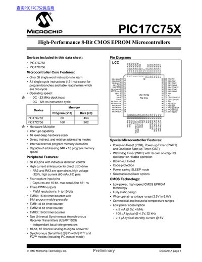 Microchip PIC17C75X Microcontroller Datasheet - cover page