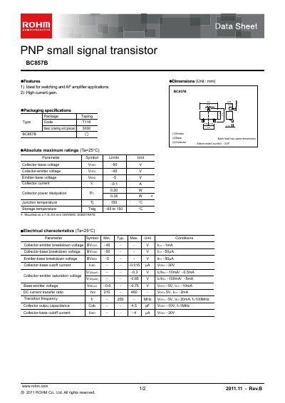 ROHM BC857B PNP Small Signal Transistor Datasheet - cover page