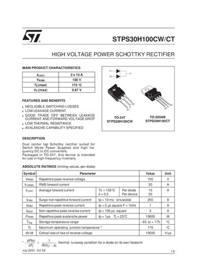 STMicroelectronics STPS30H100CW/CT Datasheet - cover page