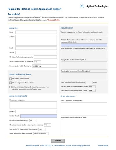 Agilent Request for PlateLoc Sealer Applications Support - cover page