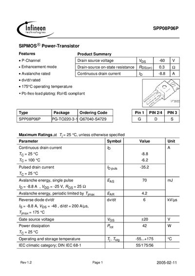 Infineon SPP08P06P Datasheet - cover page