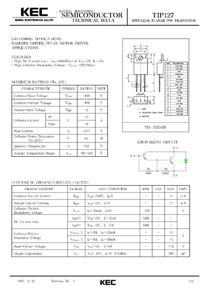 Korea Electronics TIP127 Epitaxial Planar PNP Transistor Datasheet - cover page