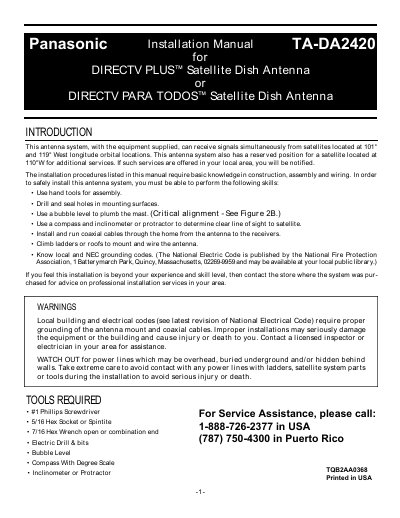 Panasonic TA-DA2420 Satellite Dish Antenna Installation Manual - cover page