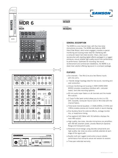 Samson MDR6 Mixer Product Specification Sheet - cover page
