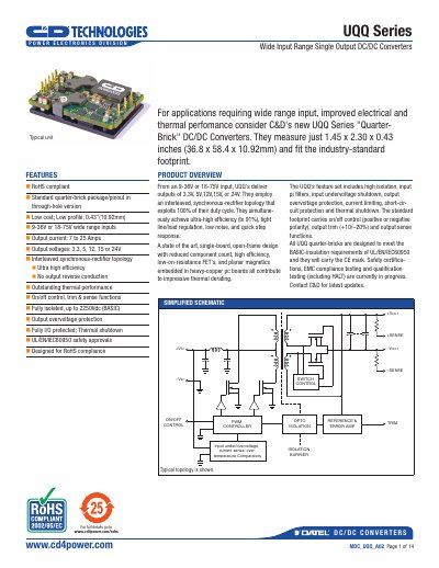 C&D UQQ Series Wide Input Range Single Output DC/DC Converters Datasheet - cover page