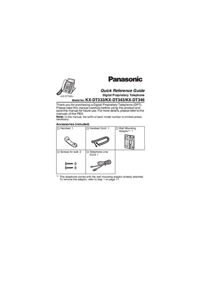 Panasonic KX-DT333/KX-DT343/KX-DT346 Digital Proprietary Telephone Quick Reference Guide - cover page