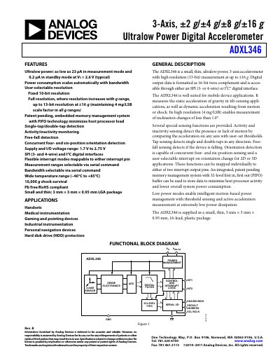 Analog Devices ADXL346 3-Axis Digital Accelerometer Datasheet