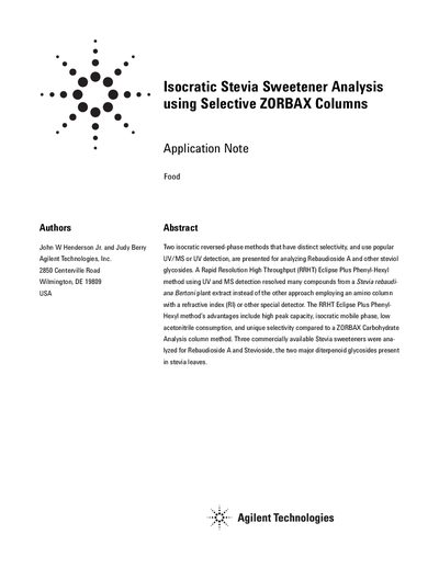 Agilent Isocratic Stevia Sweetener Analysis Application Note - cover page