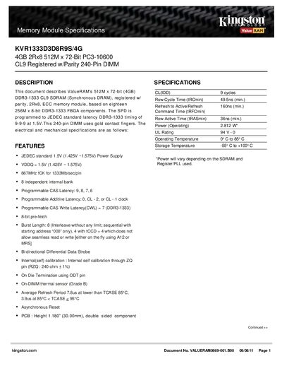 Kingston KVR1333D3D8R9S/4G Datasheet