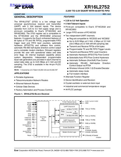 EXAR XR16L2752 Dual UART Datasheet - cover page