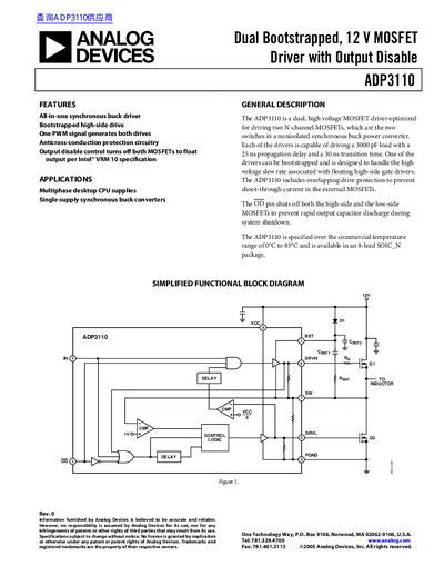 Analog Devices ADP3110 Dual Bootstrapped 12 V MOSFET Driver Datasheet - cover page