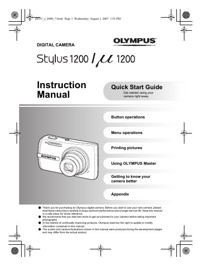Olympus Stylus 1200/ZZ 1200 Digital Camera Instruction Quick Start Guide Manual