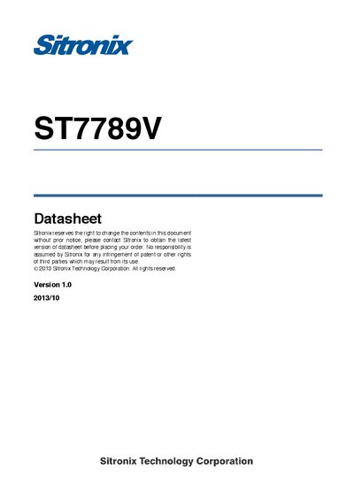 Sitronix ST7789V Display Driver Datasheet - cover page