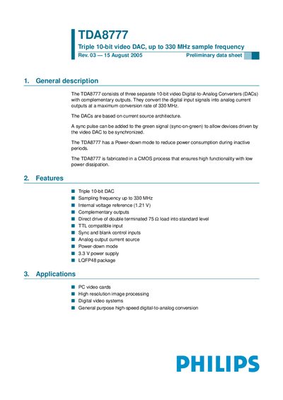Philips TDA8777 Triple 10-bit Video DAC Datasheet - cover page