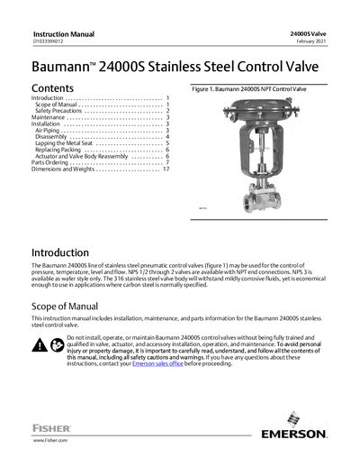Fisher Baumann 24000S Stainless Steel Control Valve Instruction Manual - cover page