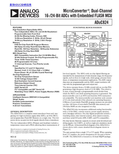 Analog Devices ADuC824 MicroConverter Dual-Channel 16-/24-Bit ADCs with Embedded FLASH MCU Datasheet - cover page