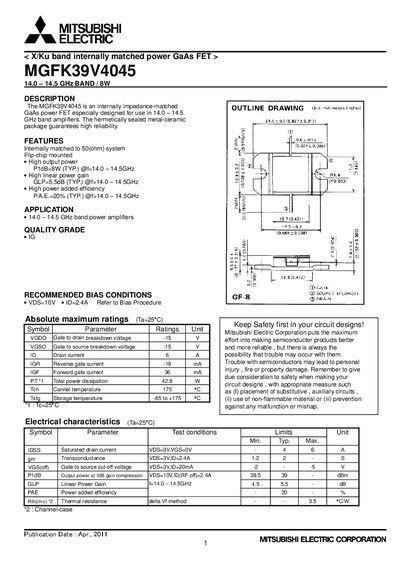Mitsubishi Electric MGFK39V4045 Datasheet - cover page