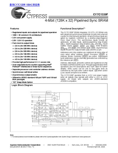 Cypress CY7C1339F SRAM Datasheet - cover page
