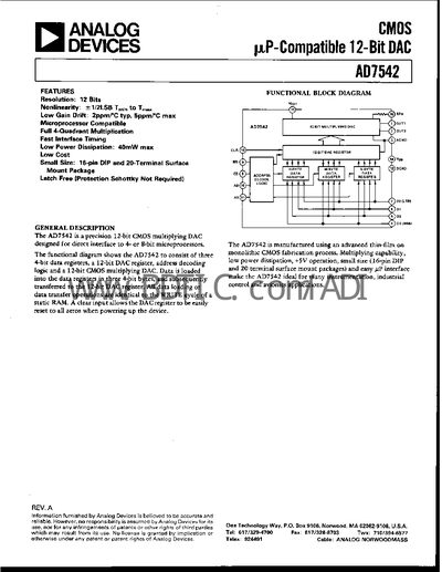 Analog Devices AD7542 12‑Bit Multiplying DAC Datasheet - cover page